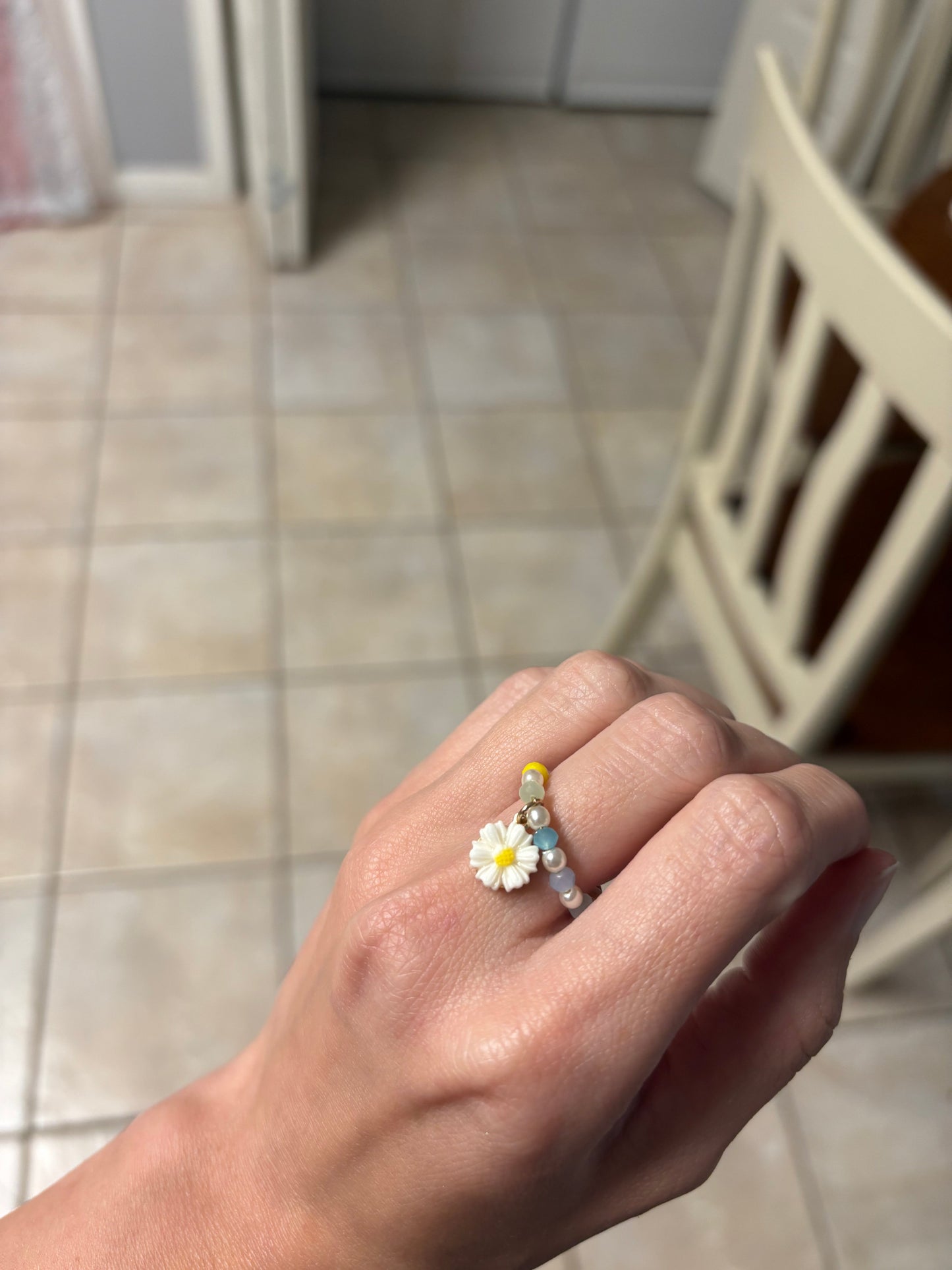 Pastel Beaded Daisy Charm Ring
