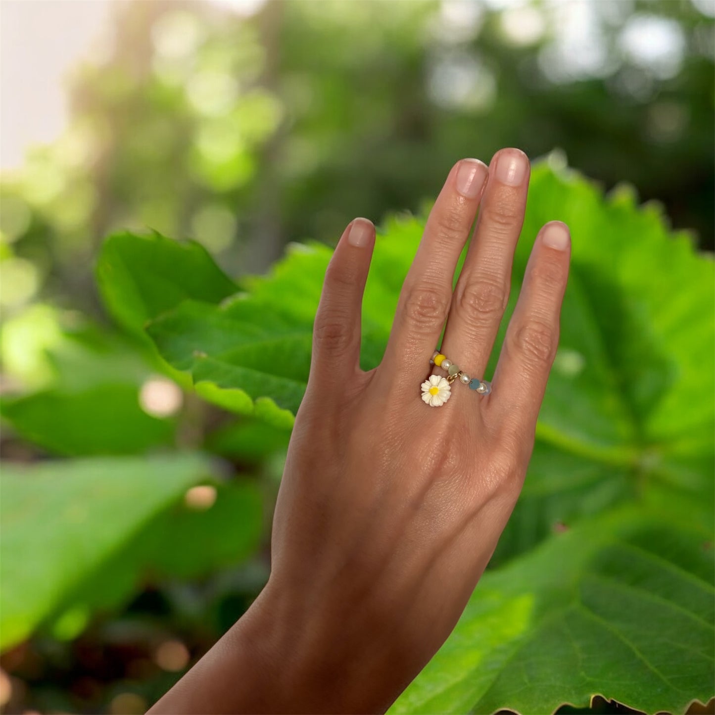 Pastel Beaded Daisy Charm Ring